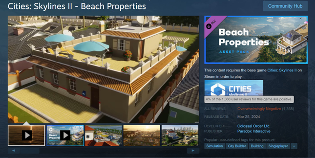 На снимке экрана показан рейтинг обзора дополнения Beachfront в Steam. 
